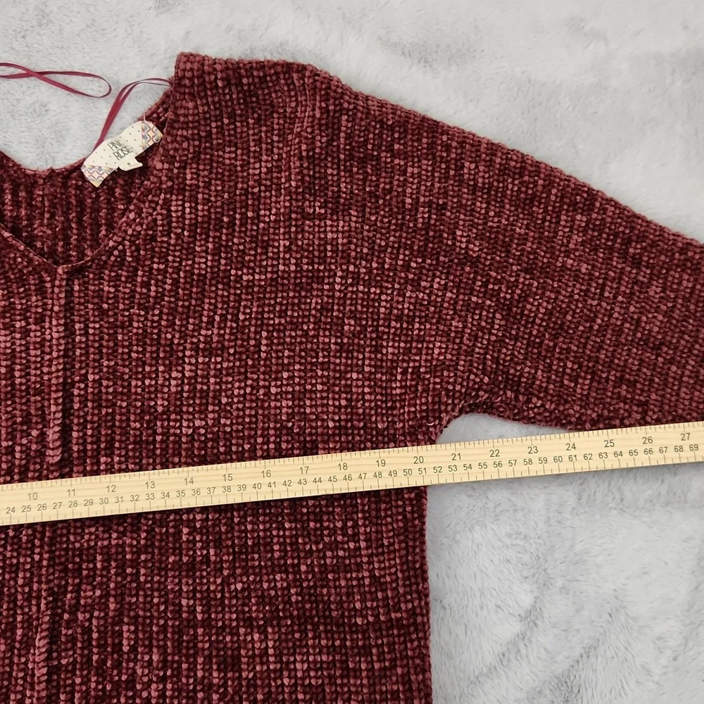 Pink Rose Chenille Sweater Women's Small Burgundy V-Neck Soft Cozy Pullover - Picture 6 of 10